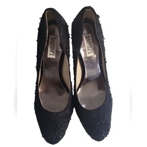 Badgley Mischka Sanoma Satin Embellished Black Lace Beaded Stilleto Heels 8 1/2